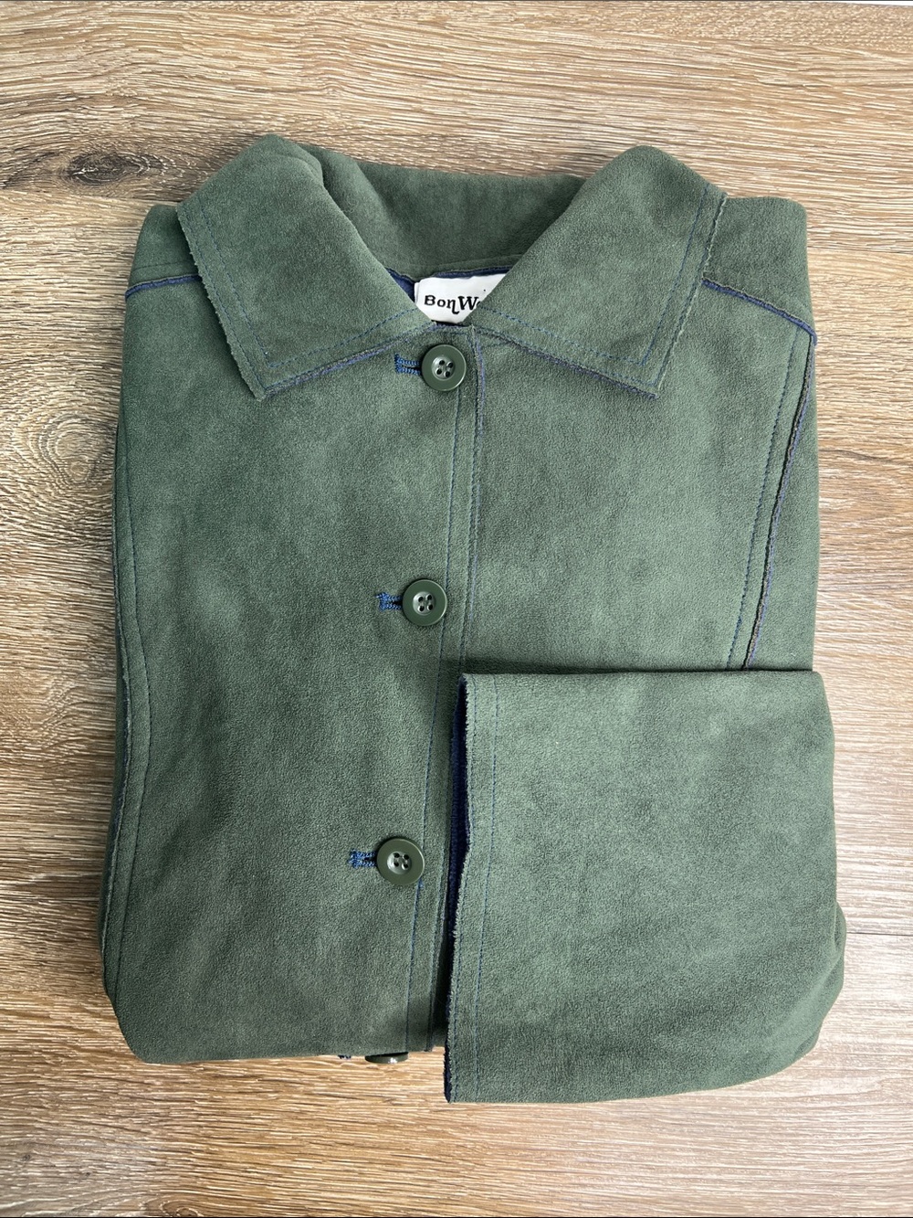 BonWorth Faux Suede Jacket Women’s SP Olive Green Button Front Lightweight Coat